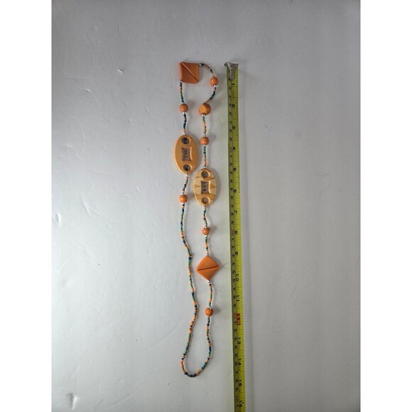 Beaded Necklace Orange and Teal Abstract Geometric - Picture 4 of 4